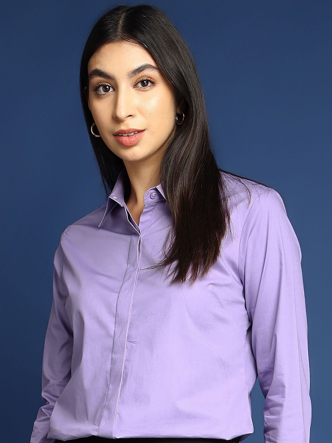 

Hancock Women Spread Collar Solid Cotton Formal Shirt, Lavender