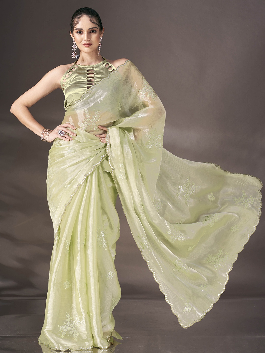 

Tikhi Imli Sequinned Poly Chiffon Saree, Green