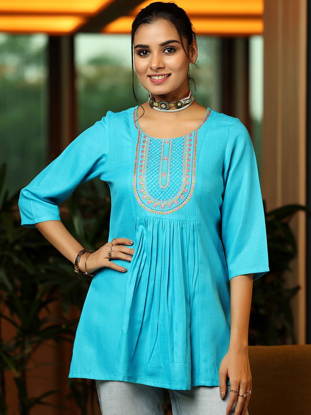 

Libas Floral Yoke Design Thread Work Thread Work Pleated Kurti, Turquoise blue