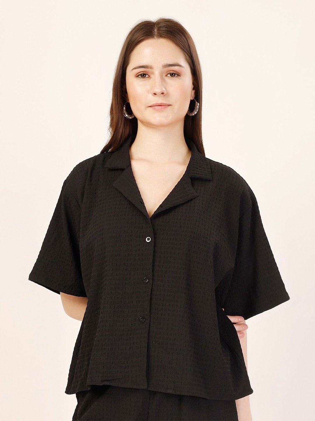 

Murcia Women Cuban Collar Textured Casual Shirt, Black