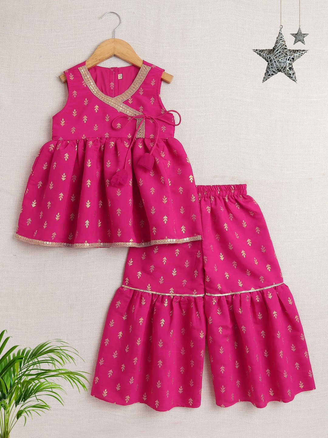 

The Magic Wand Girls Ethnic Motifs Printed Angrakha Style Anarkali Zari Kurta With Sharara, Fuchsia