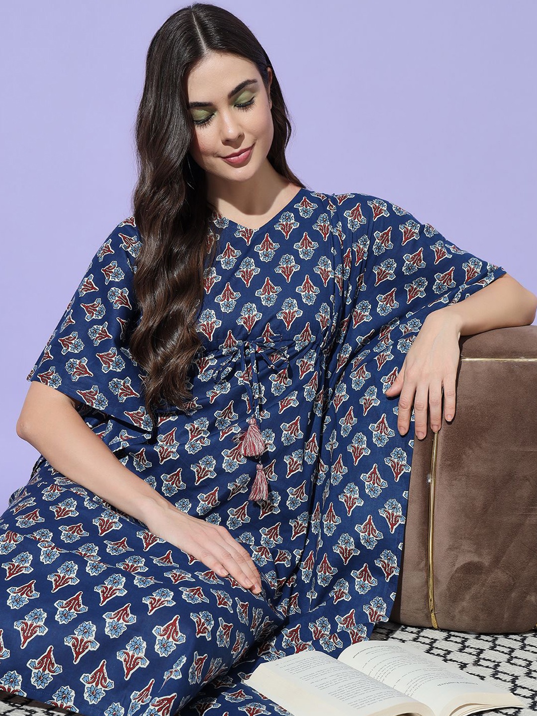 

ETC Women Floral Printed Pure Cotton Kaftan Midi Nightdress, Blue