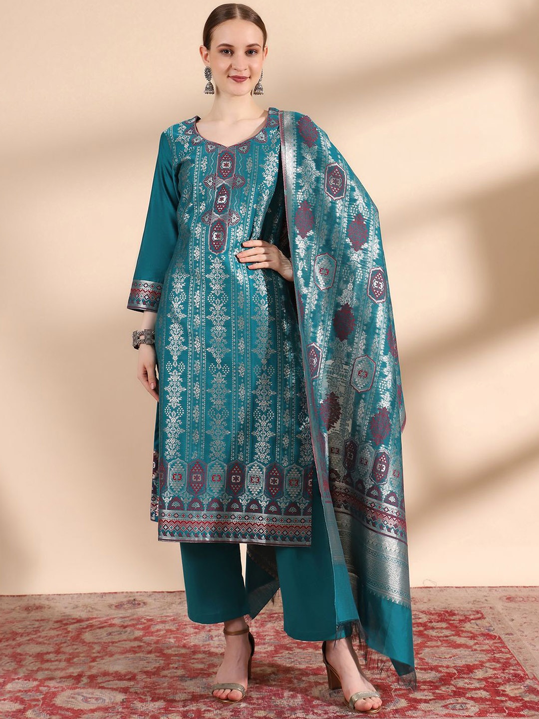 

KIDAR Woven Design Kurta with Trousers & Dupatta, Sea green