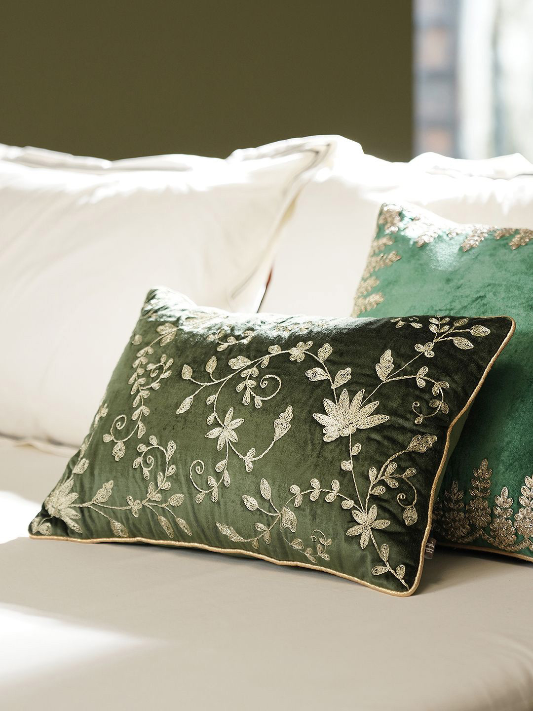 

Pure Home and Living Green & Gold-Toned Floral Embroidered Velvet Rectangle Cushion Covers