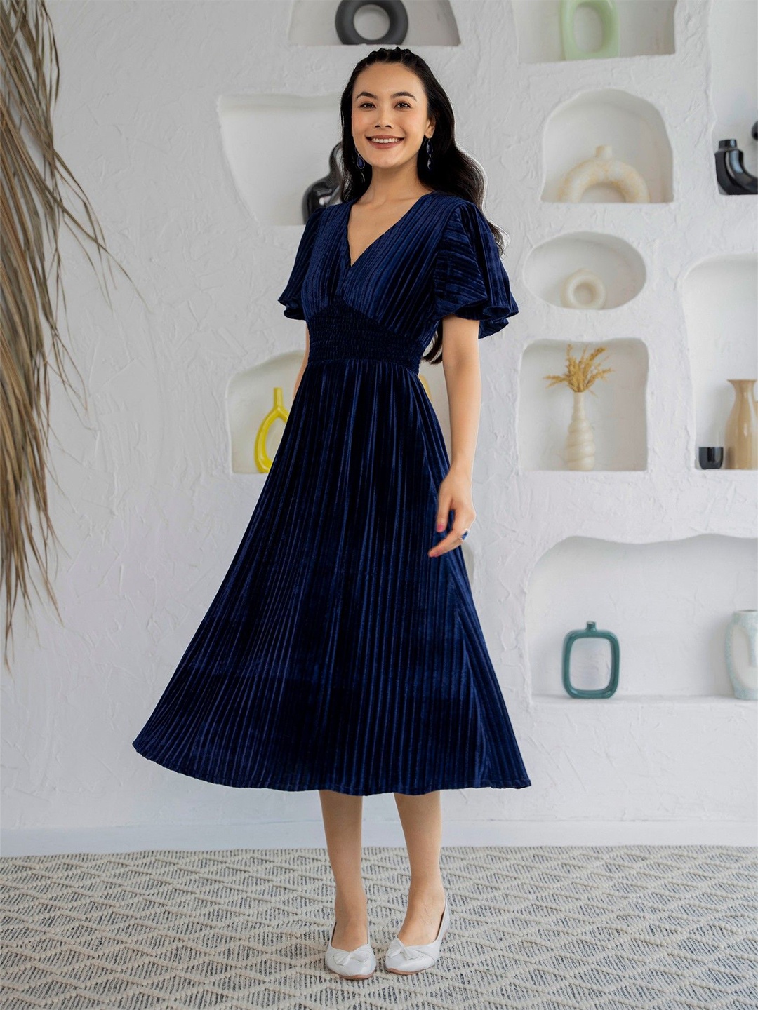 

AASK Floral Puff Sleeve Velvet Fit & Flare Dress, Navy blue