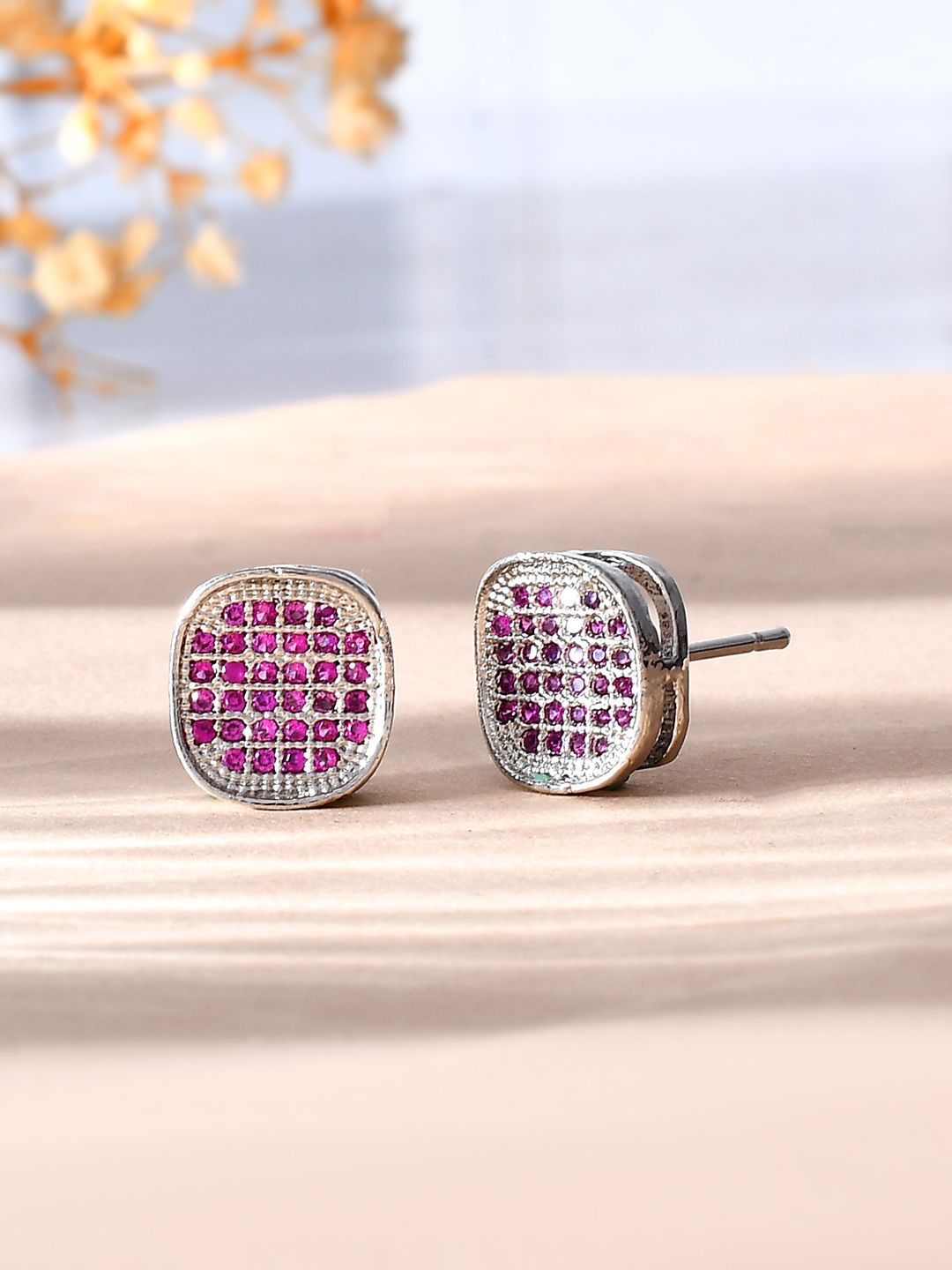 

Voylla Rhodium Plated Contemporary American Diamond Studs Earrings, Silver