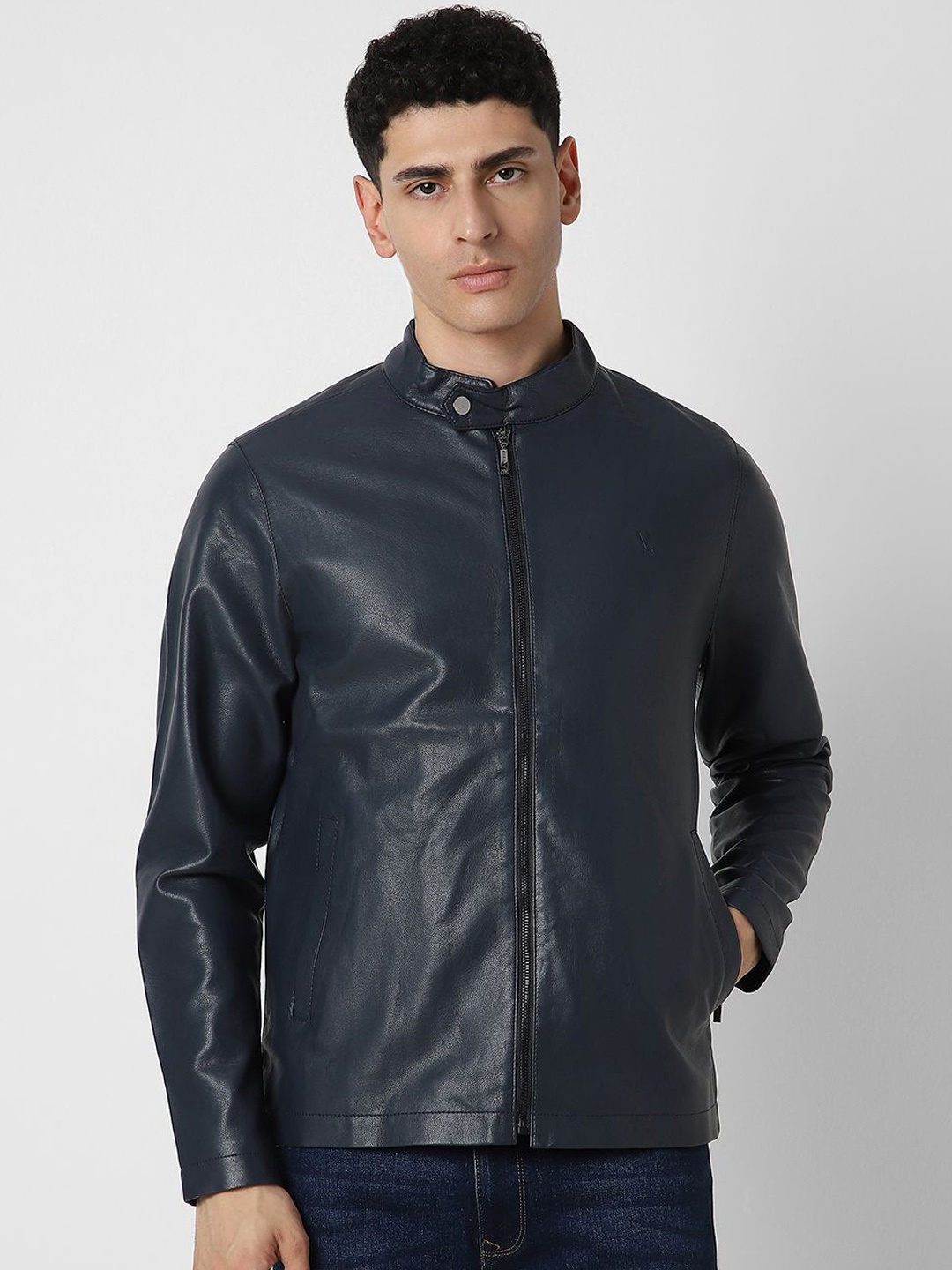 

V Dot Men Solid Open Front Jacket, Navy blue