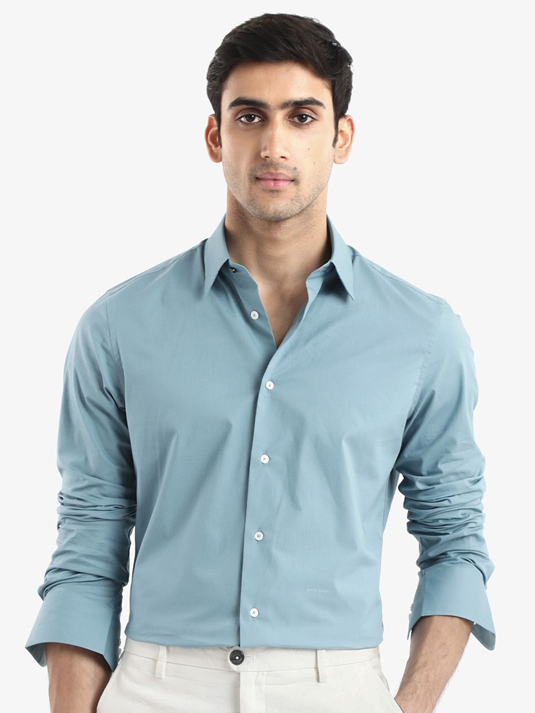 

RARE RABBIT Men Comfort Spread Collar Solid Cotton Casual Shirt, Teal