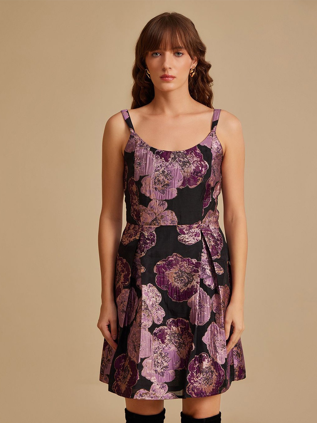 

Kazo Floral Print Satin Fit ad Flare Mini Dress, Purple