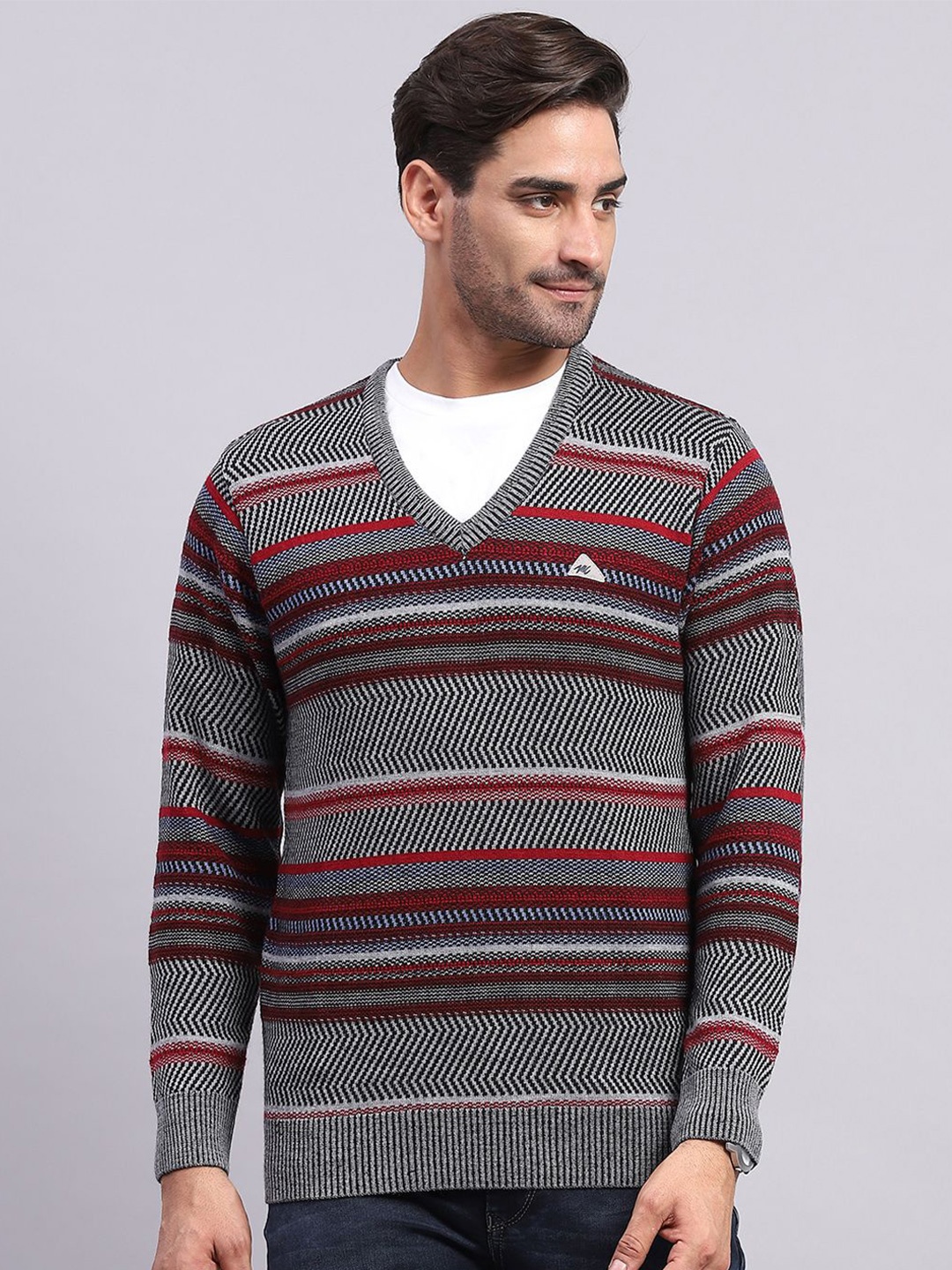 

Monte Carlo Men Striped Woollen Pullover, Grey