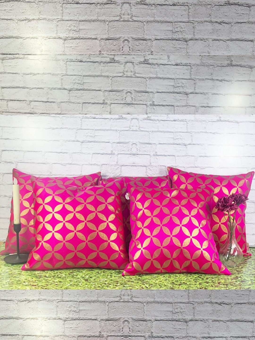 

Pink Parrot Pink & Gold-Toned 5 Pieces Geometric Jacquard Square Cushion Covers