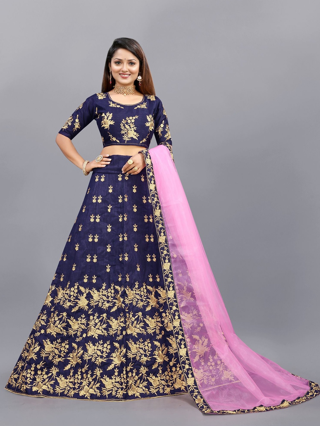 

APNISHA Embroidered Semi Stitched Lehenga & Unstitched Blouse With Dupatta, Navy blue