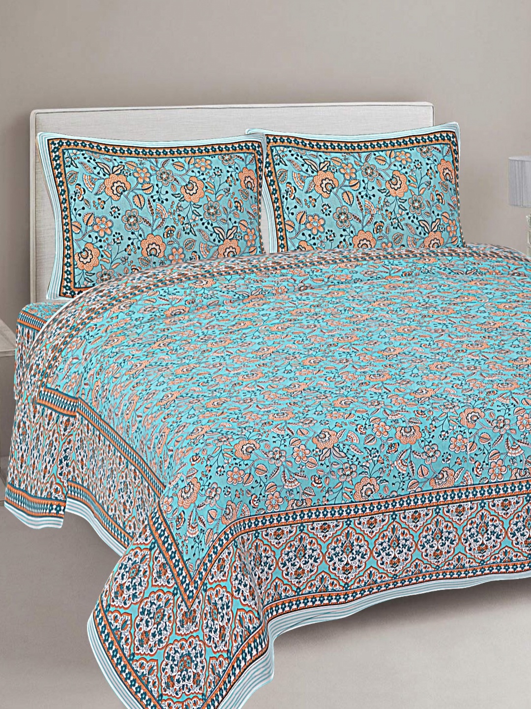 

FrionKandy Living Turquoise Blue Printed Cotton 180 TC King Bedsheet With 2 Pillow Covers