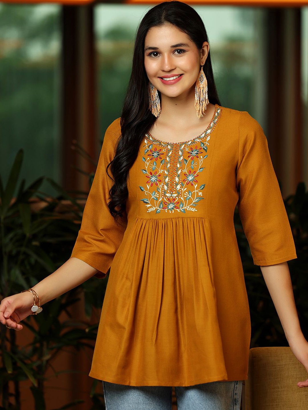 

Libas Floral Yoke Design Mirror Work Mirror Work Pleated Kurti, Mustard