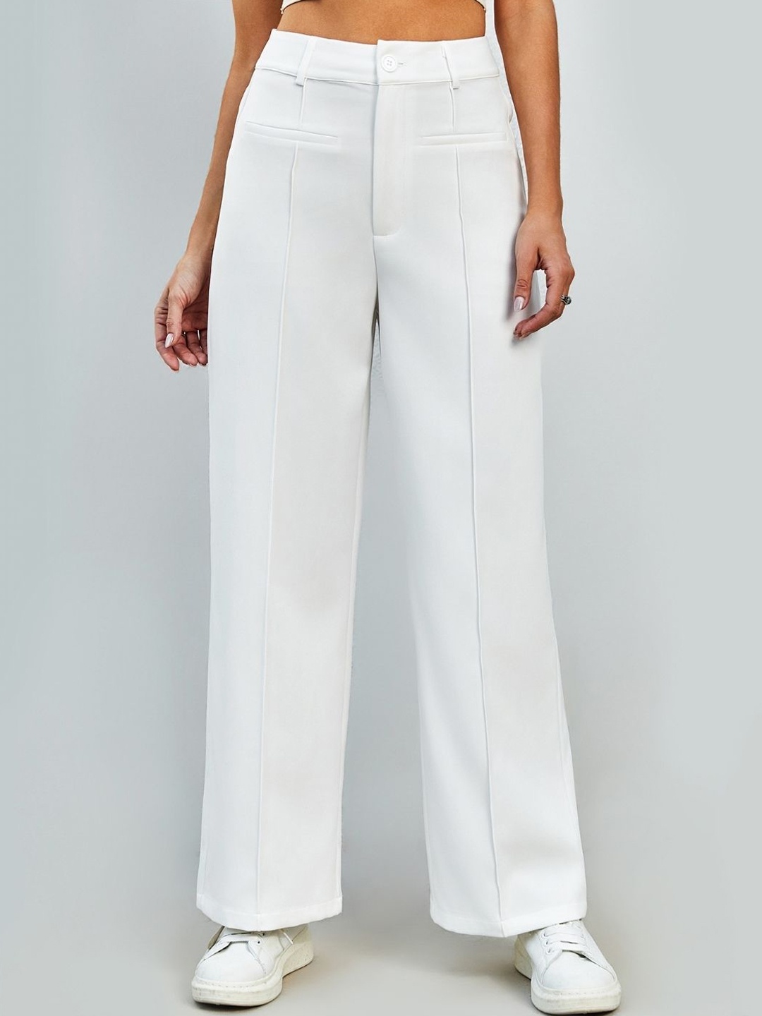 

KPOP Women Original Mid-Rise Loose Fit Polyester Trouser, White