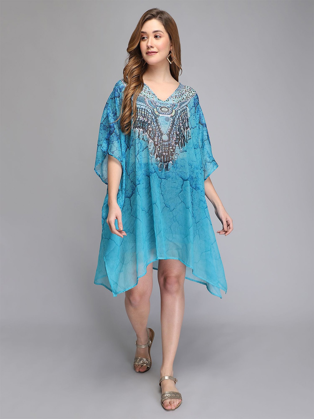 

Aditi Wasan Ethnic Motifs Print Cape Sleeve Chiffon Kaftan Dress, Blue