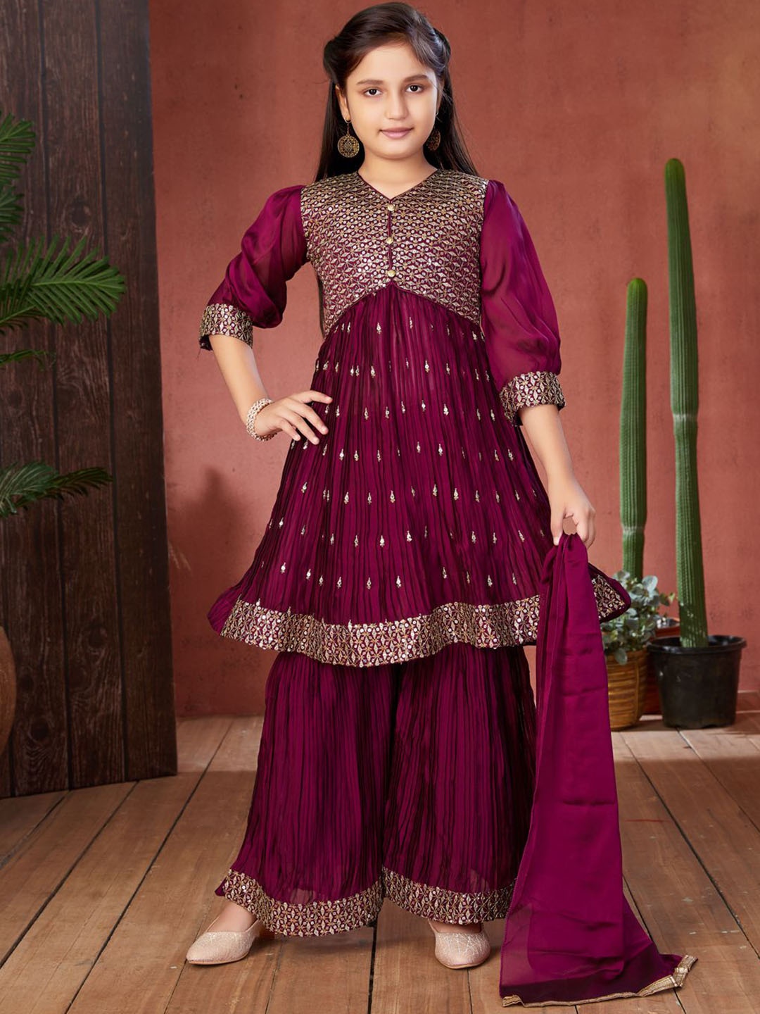 

Aarika Girls Geometric Embroidered Georgette Anarkali Kurta With Sharara & Dupatta, Purple