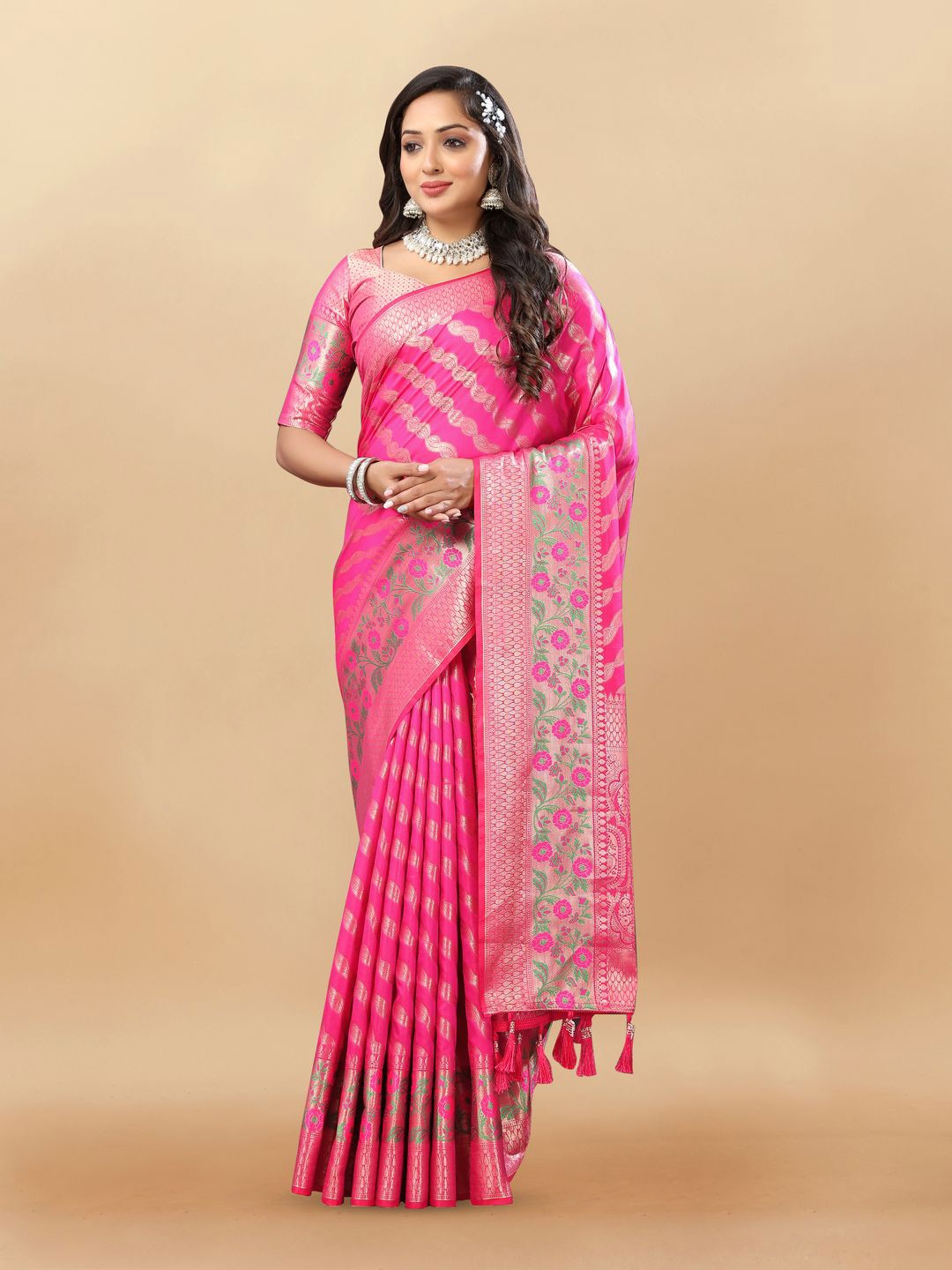 

MOKSHA DESIGNS Woven Design Zari Pure Silk Printed Banarasi Saree, Pink