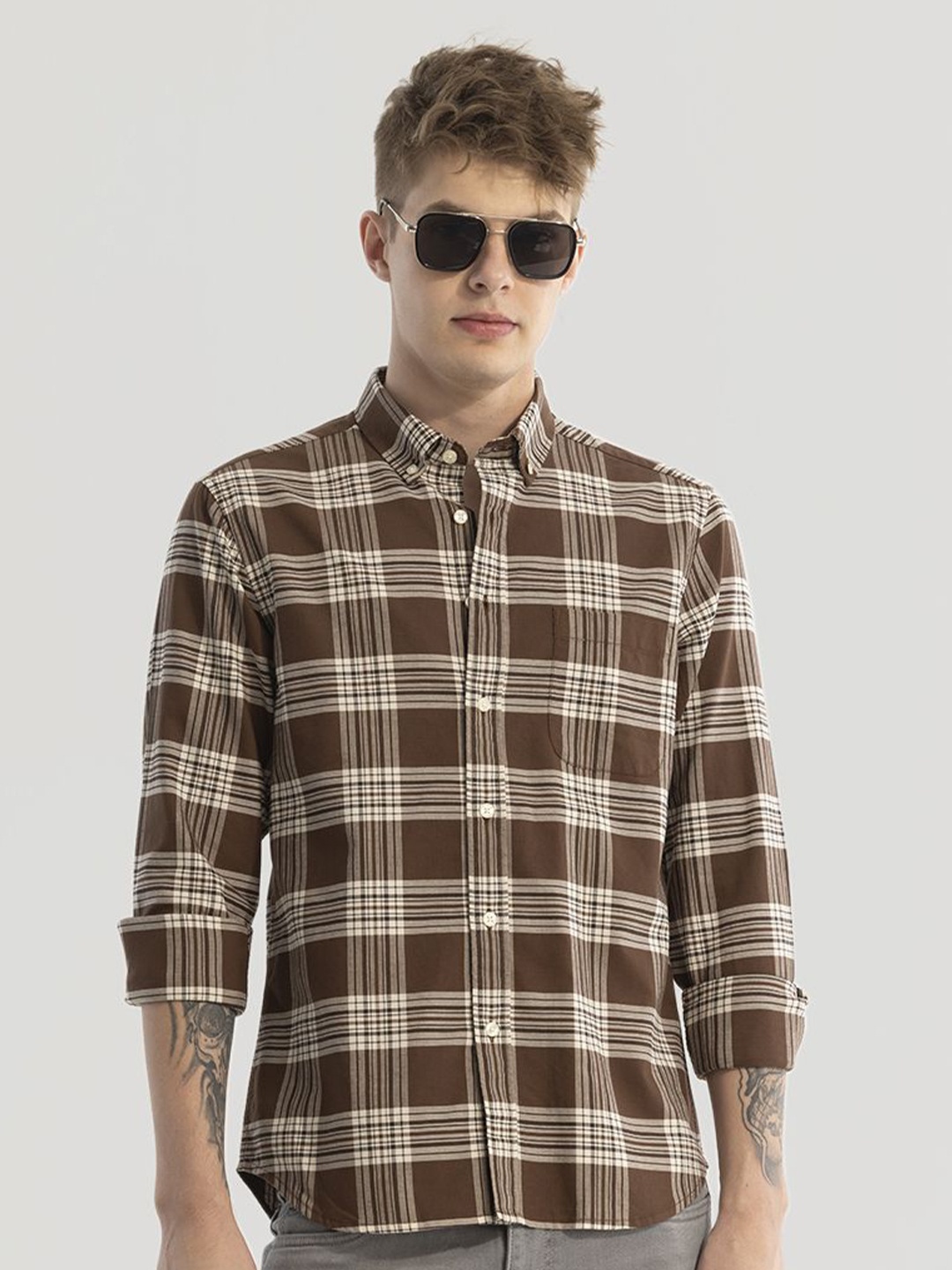 

Snitch Men Smart Button-Down Collar Checked Cotton Slim Fit Casual Shirt, Brown