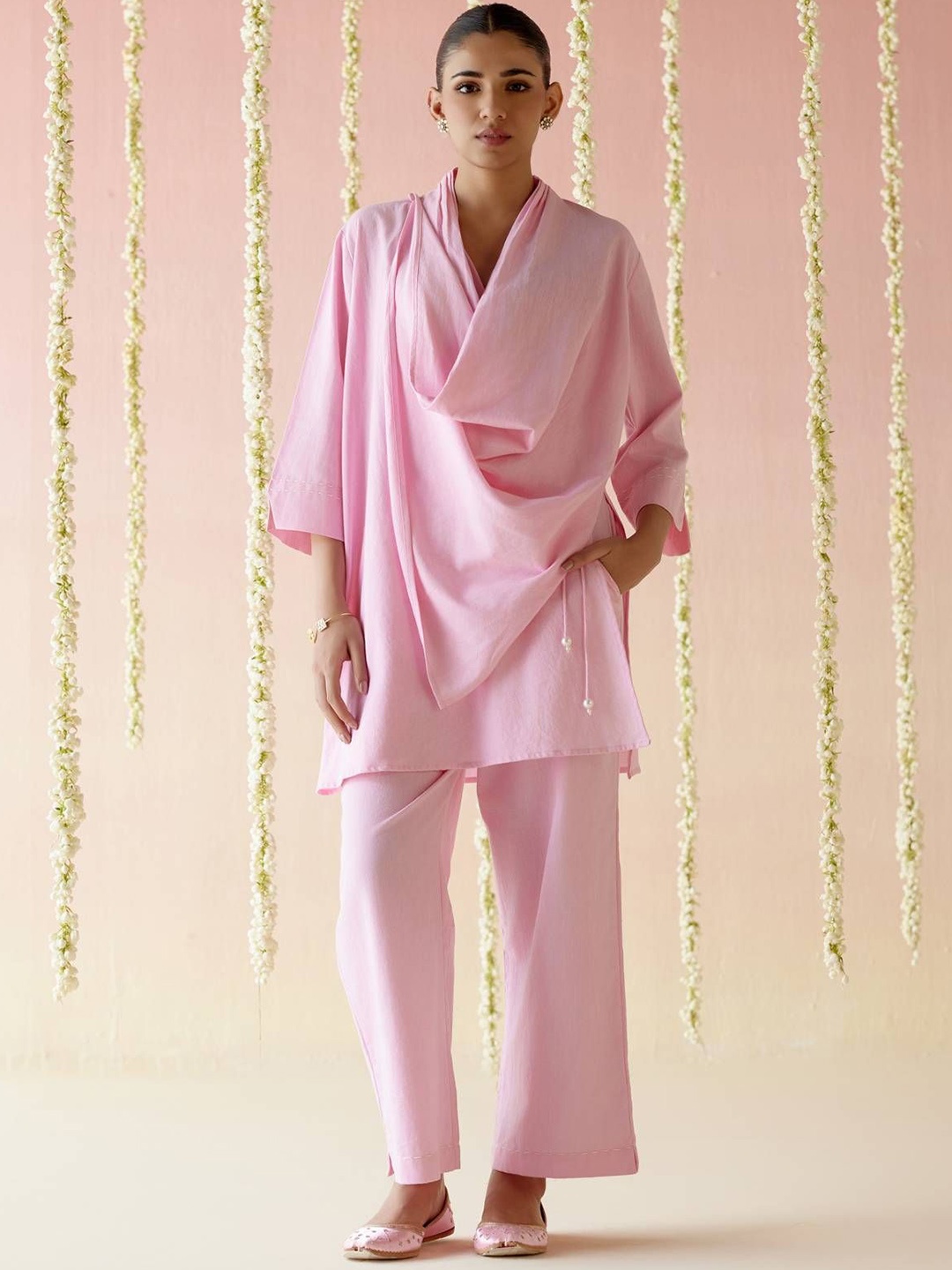 

NERO Begonia Draped Shawl Neck Pure Cotton Top With Trouser, Pink