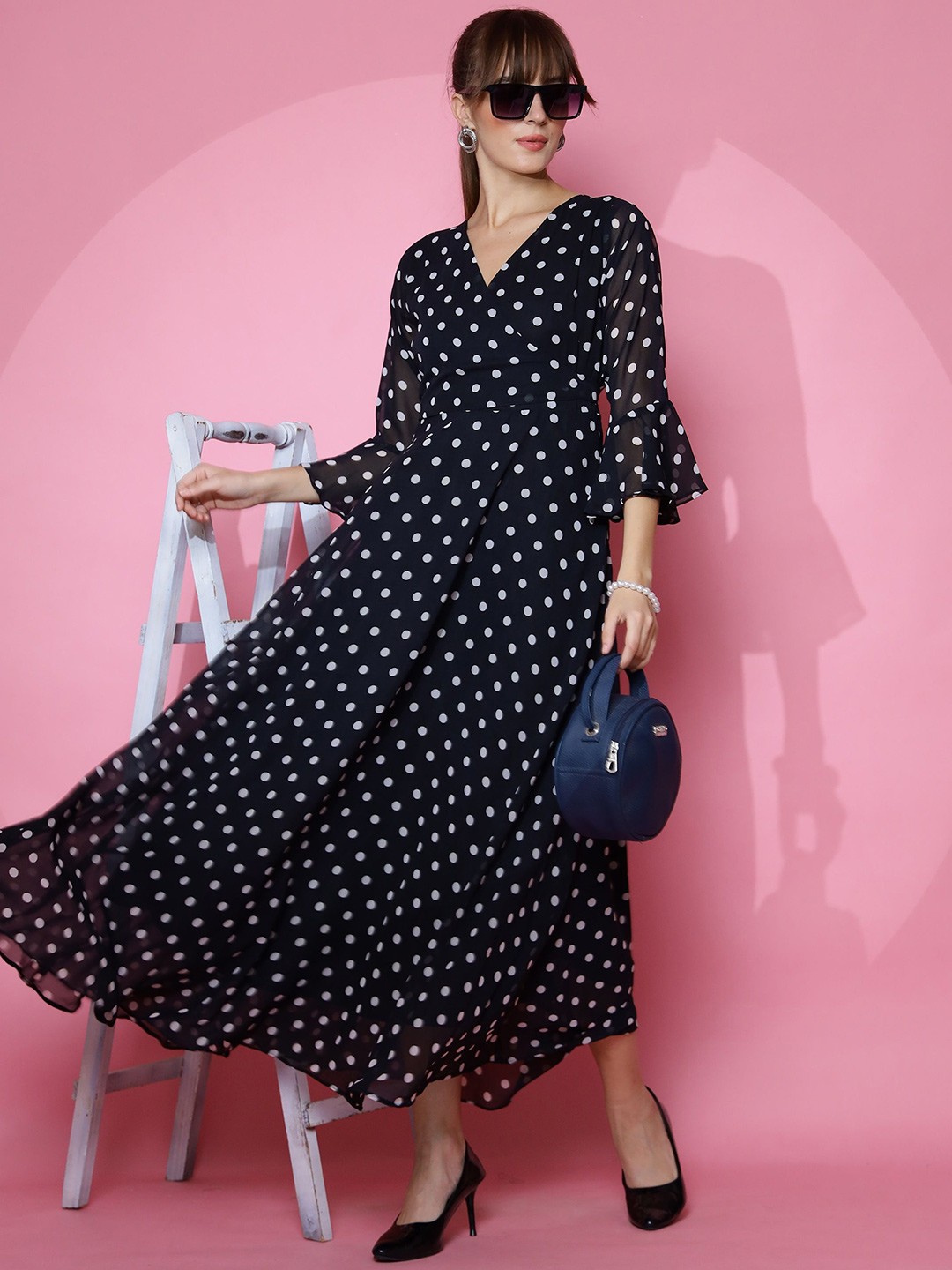 

SHEETAL Associates Polka Dot Print Georgette Fit & Flare Maxi Dress, Black