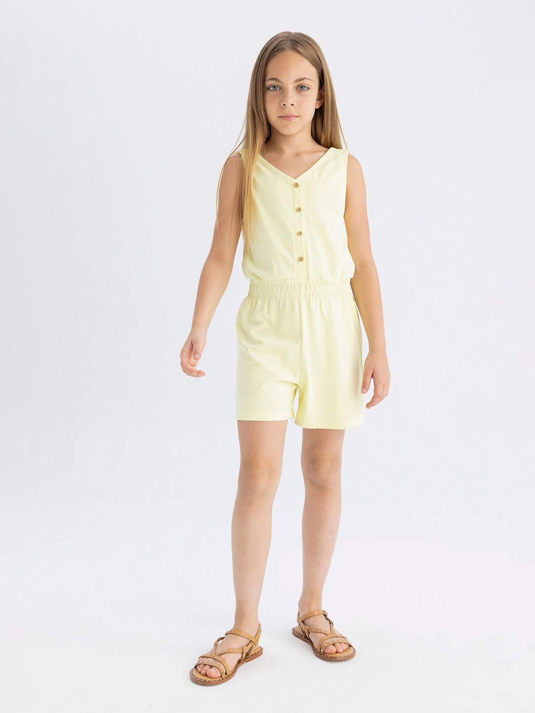 

DeFacto Girls V-Neck Pure Cotton Playsuit, Yellow