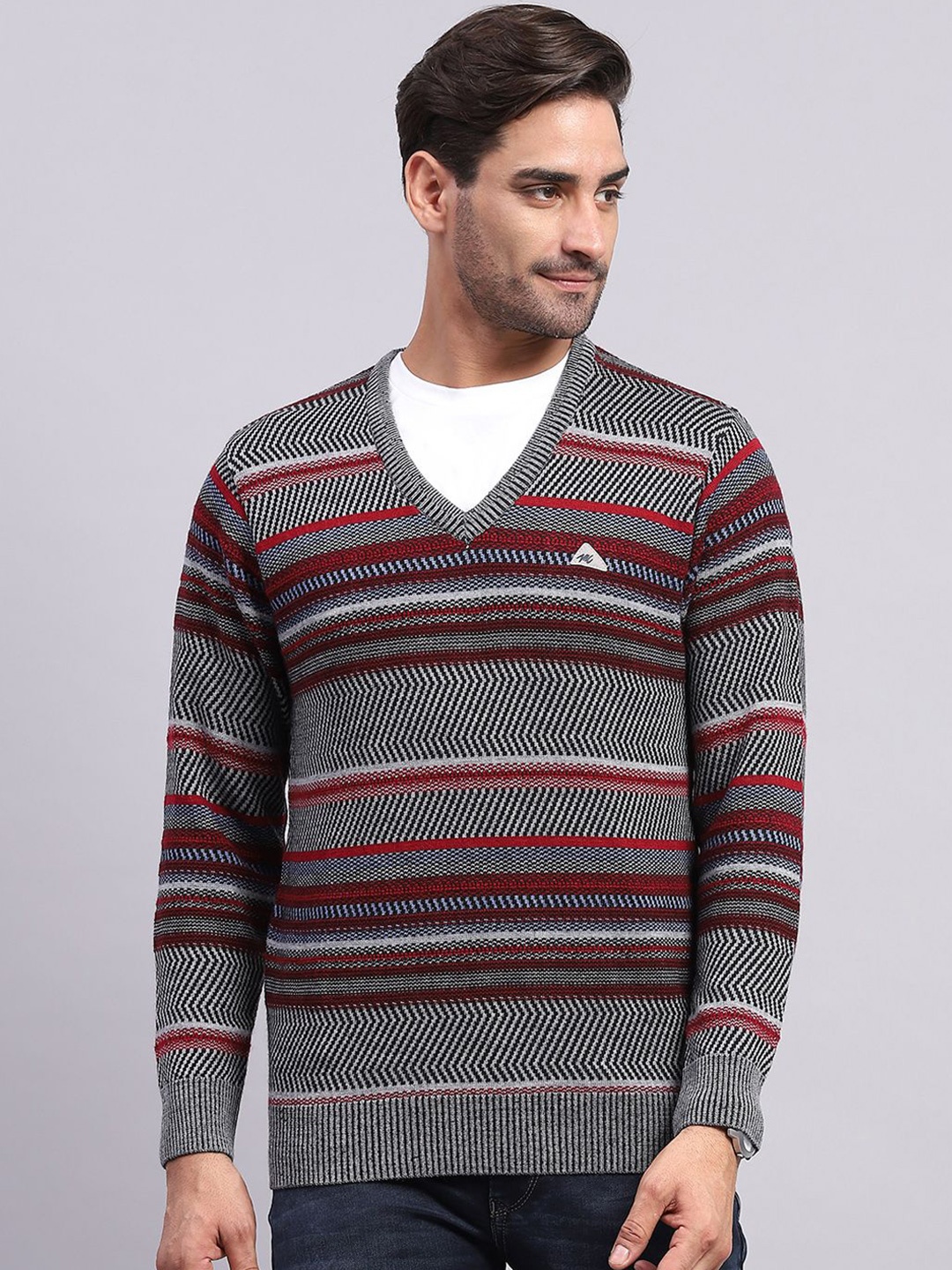 

Monte Carlo Men Striped Woollen Pullover, Grey
