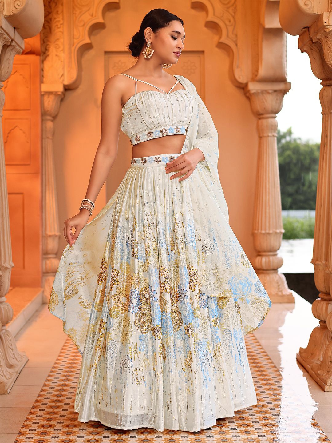 

PURVAJA Printed Beads and Stones Ready to Wear Lehenga & Unstitched Blouse With Dupatta, Yellow