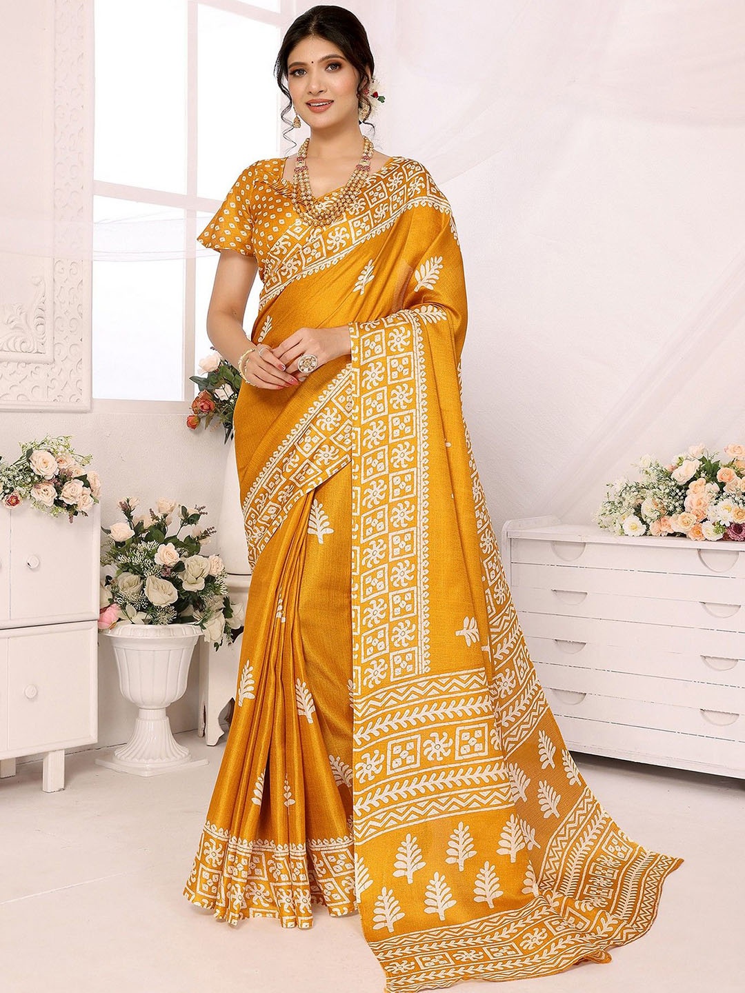 

KALINI Ethnic Motifs Printed Leheriya Saree, Mustard