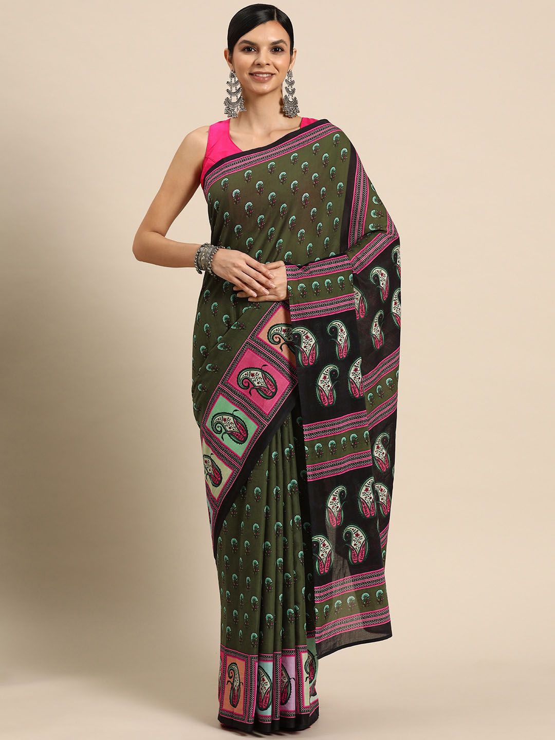 

BUTA BUTI Paisley Printed Pure Cotton Saree, Green