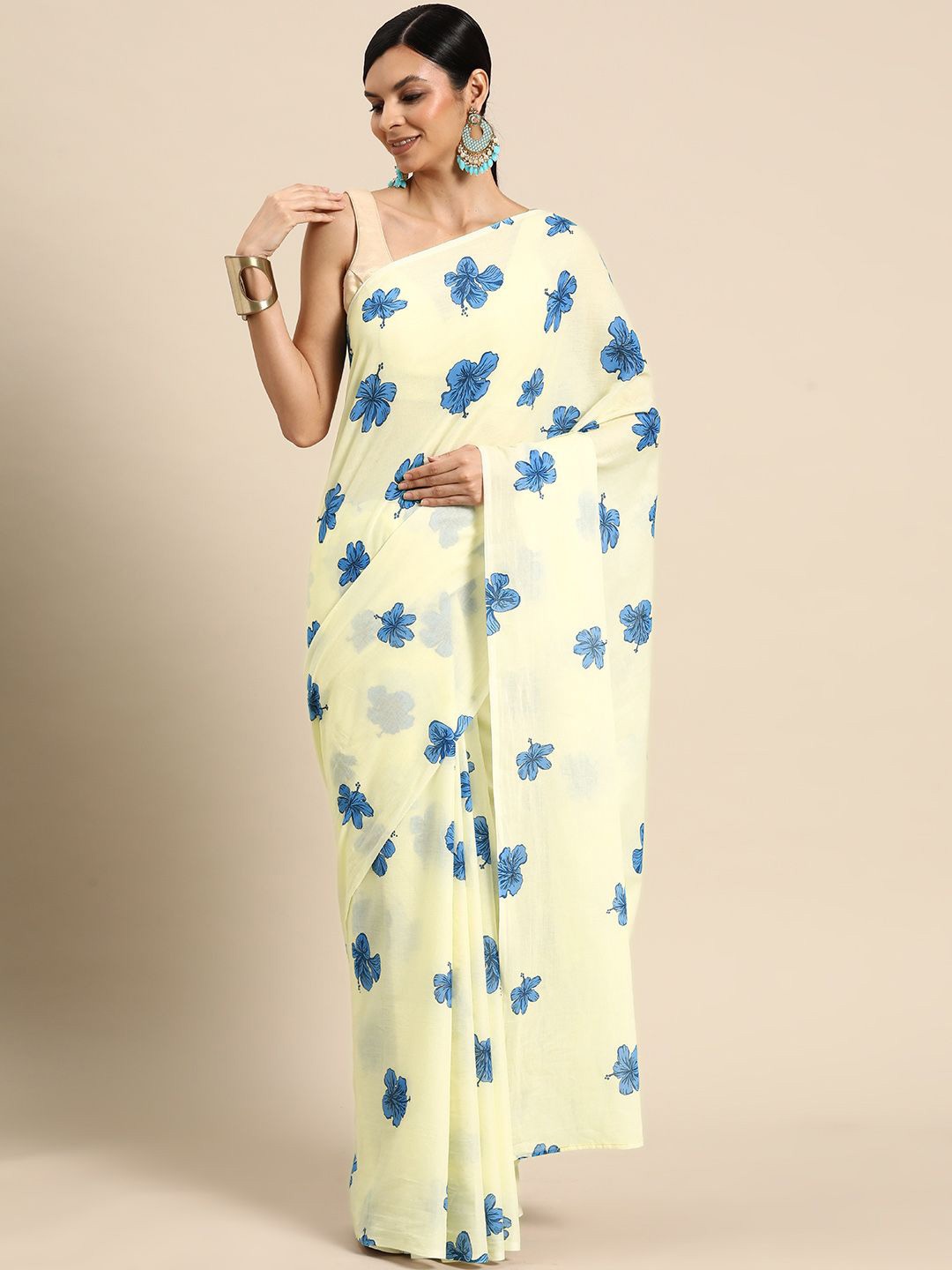 

BUTA BUTI Floral Pure Cotton Printed Saree, Cream