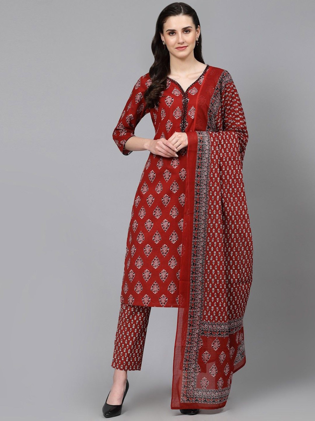 

His&Her Floral Printed V-Neck Pure Cotton Straight Kurta with Trousers & Dupatta, Maroon