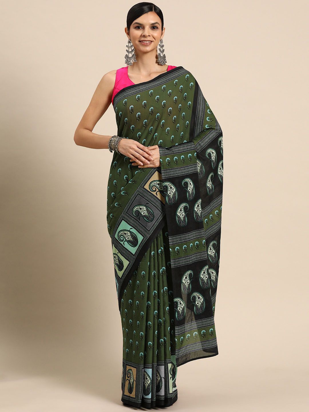 

BUTA BUTI Paisley Printed Pure Cotton Saree, Green