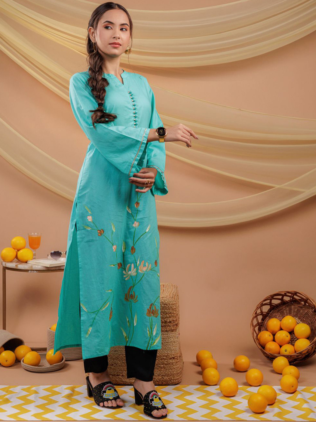 

Yufta Floral Printed Flared Sleeves Cotton Straight Kurta, Sea green