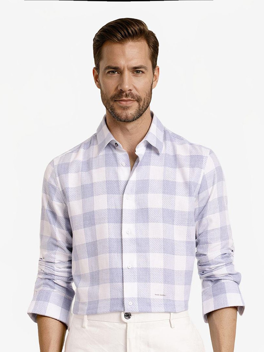 

RARE RABBIT Men Comfort Spread Collar Checked Cotton Casual Shirt, Blue