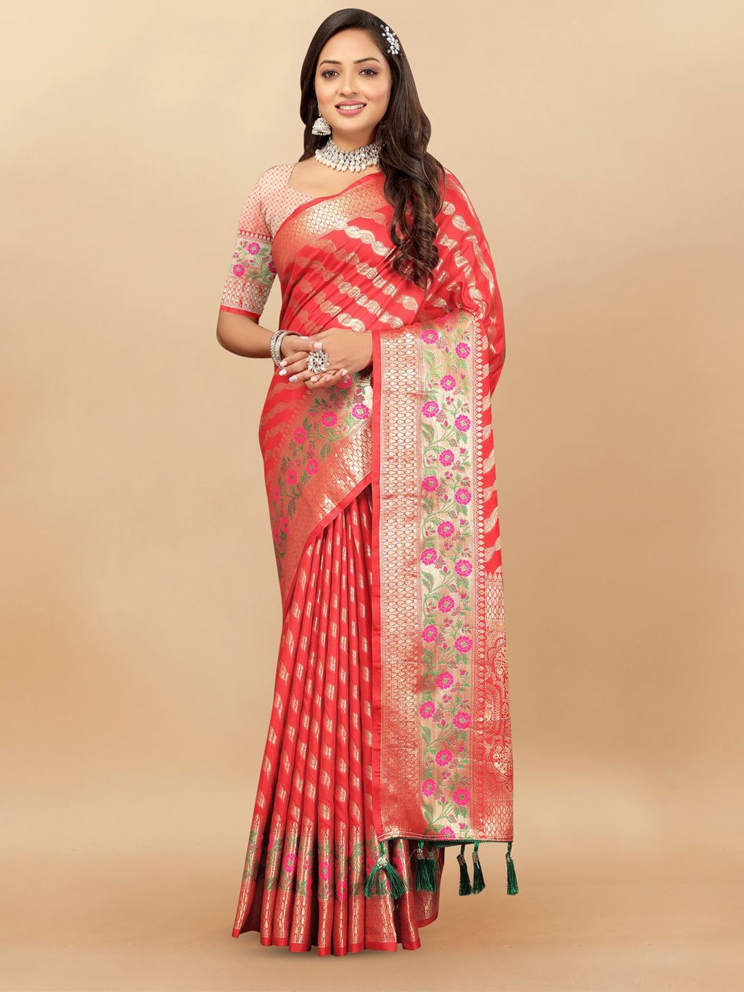 

MOKSHA DESIGNS Woven Design Zari Pure Silk Banarasi Saree, Red