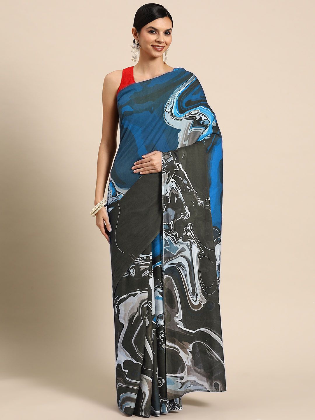 

BUTA BUTI Abstract Printed Pure Cotton Saree, Blue