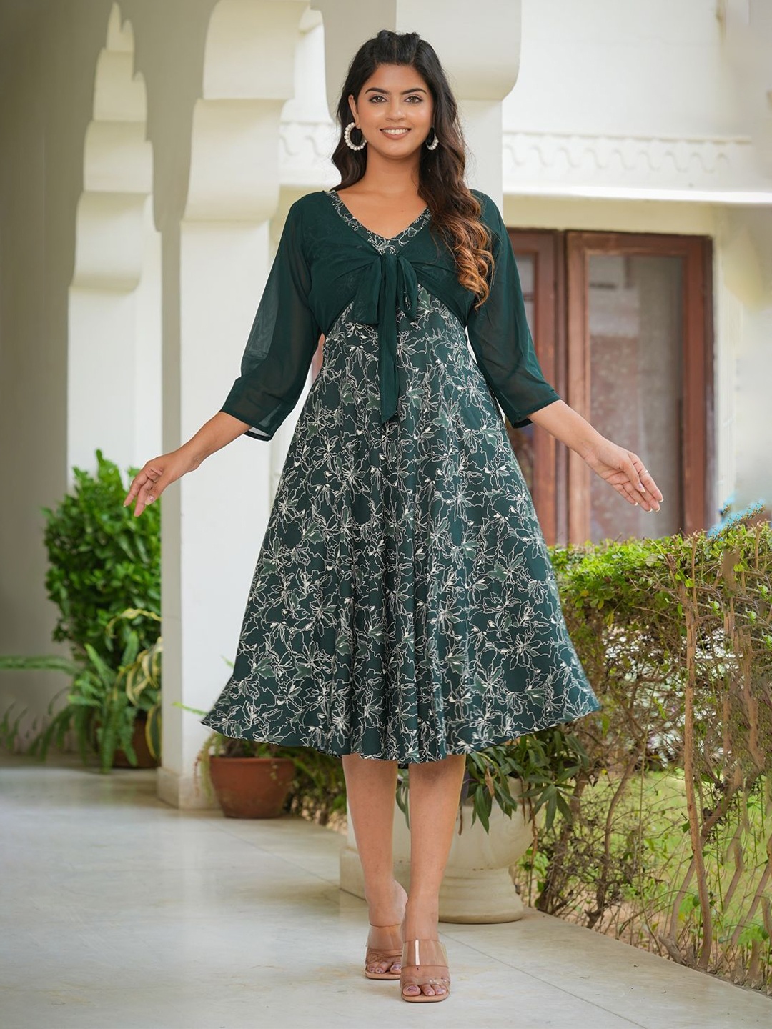 

YASH GALLERY Women Floral Printed Fit & Flare Midi Dress, Green