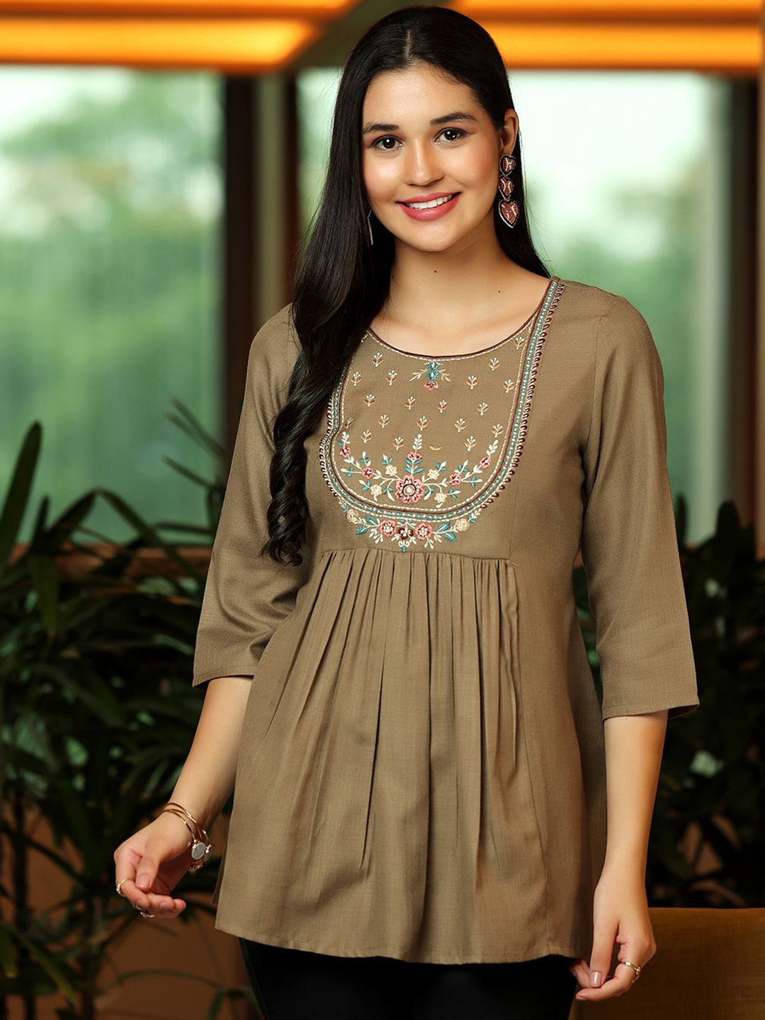 

Libas Floral Yoke Design Thread Work Thread Work Pleated Kurti, Brown