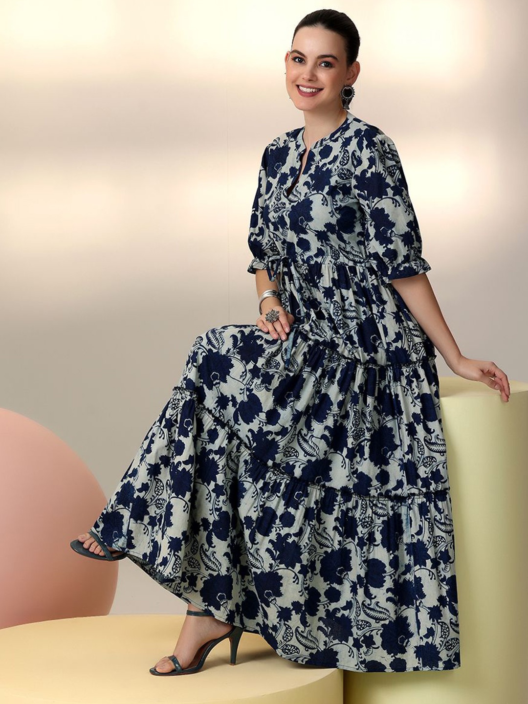 

Libas Floral Printed Puff Sleeve Layered Fit & Flare Maxi Dress, Blue