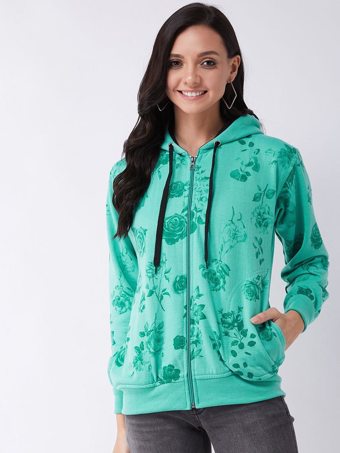

PIVL Women Floral Printed Hooded Windcheater Jacket, Green