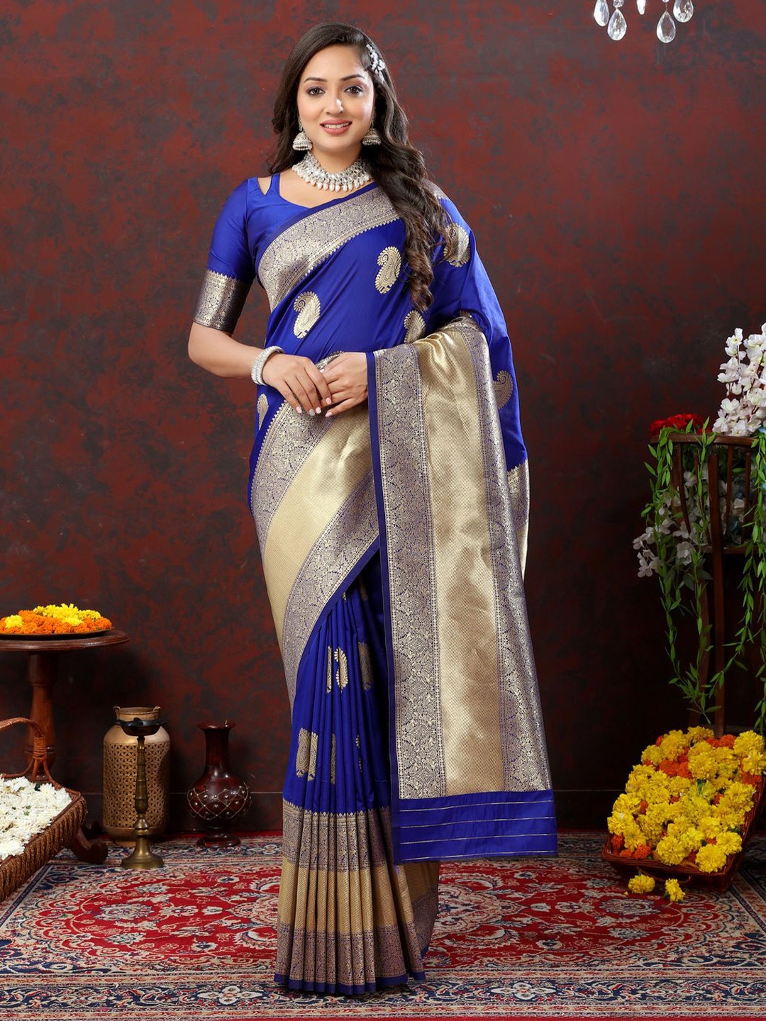 

MOKSHA DESIGNS Woven Design Zari Pure Silk Kanjeevaram Saree, Blue