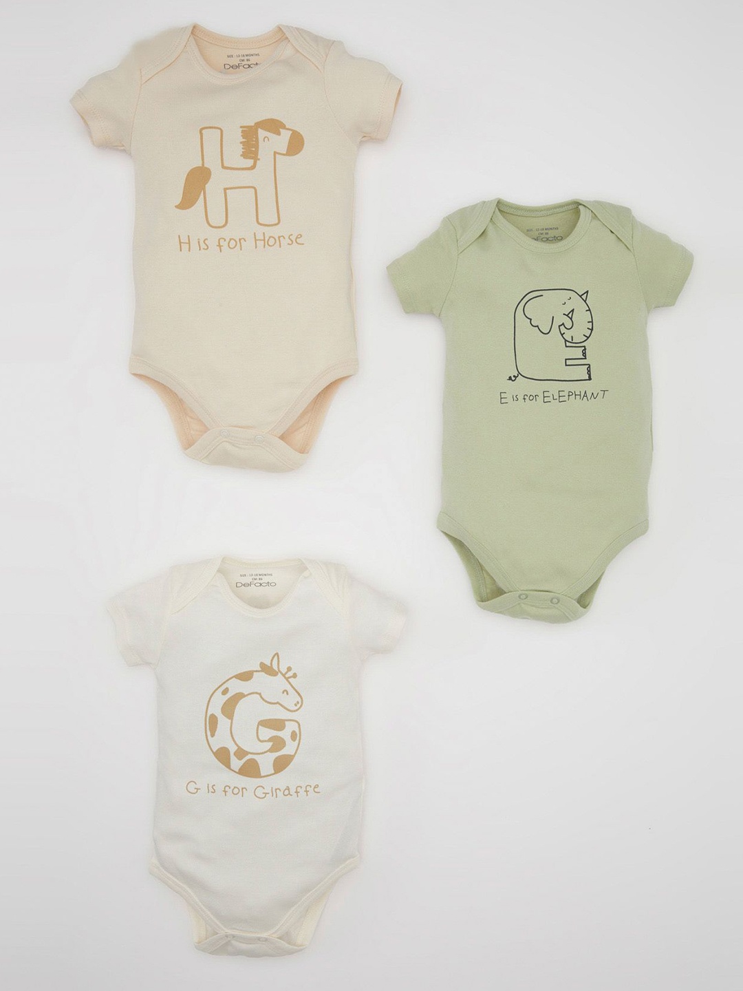 

DeFacto Boys Pack Of 3 Printed Round Neck Cotton Bodysuit, Green