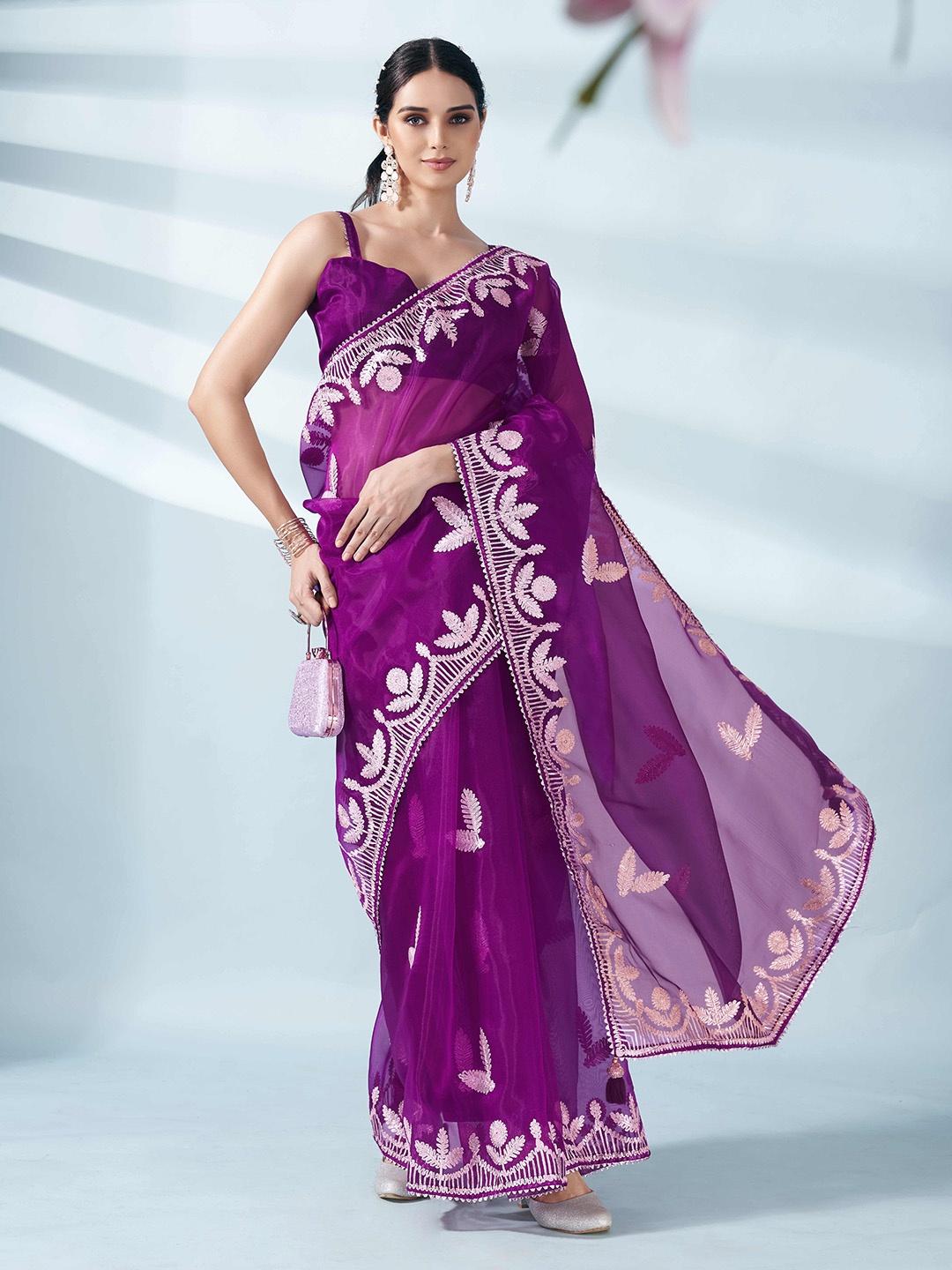 

Tikhi Imli Embellished Embroidered Organza Saree, Magenta