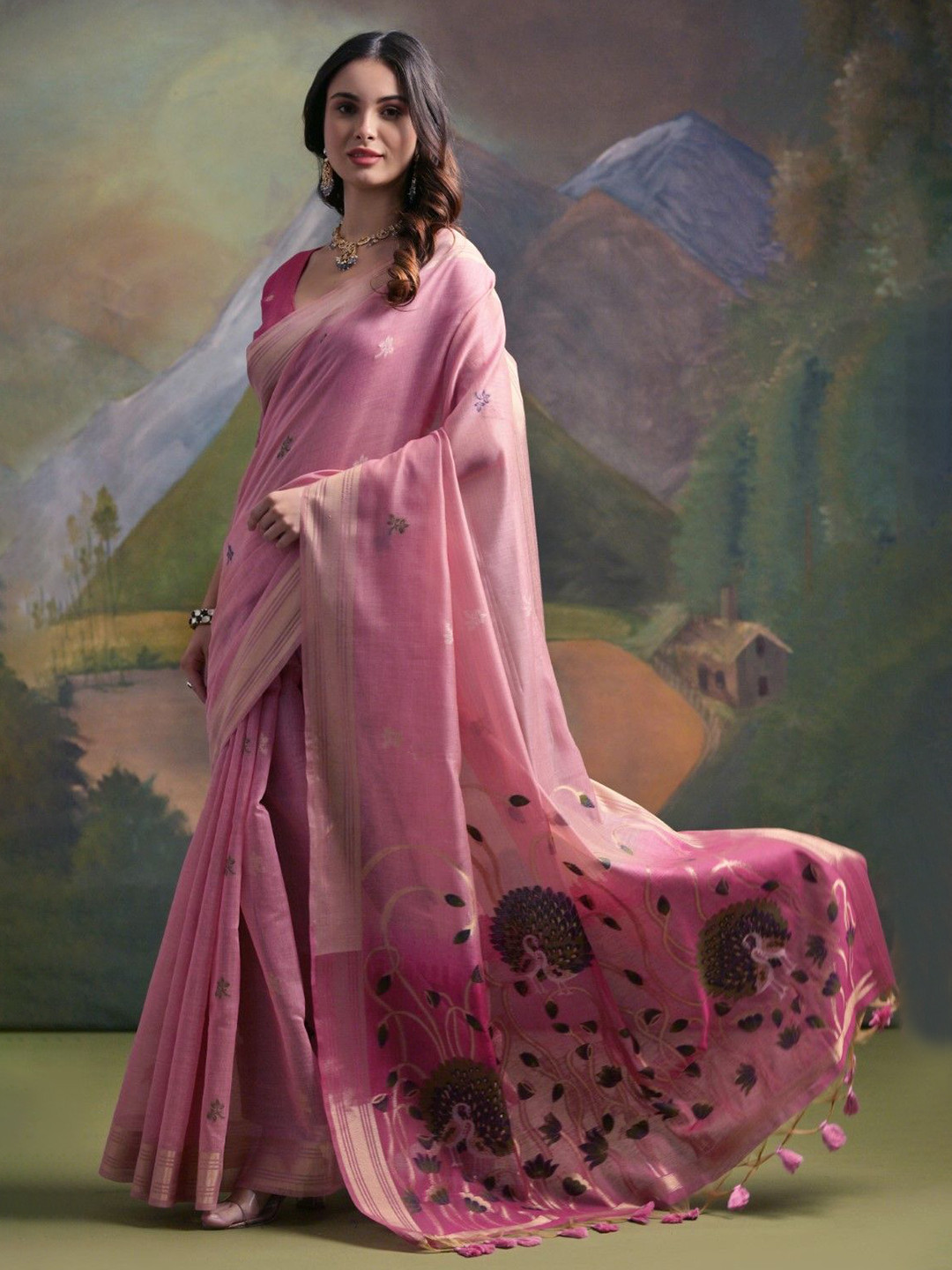 

VISHNU WEAVES Woven Design Zari Pure Cotton Muga Saree, Pink