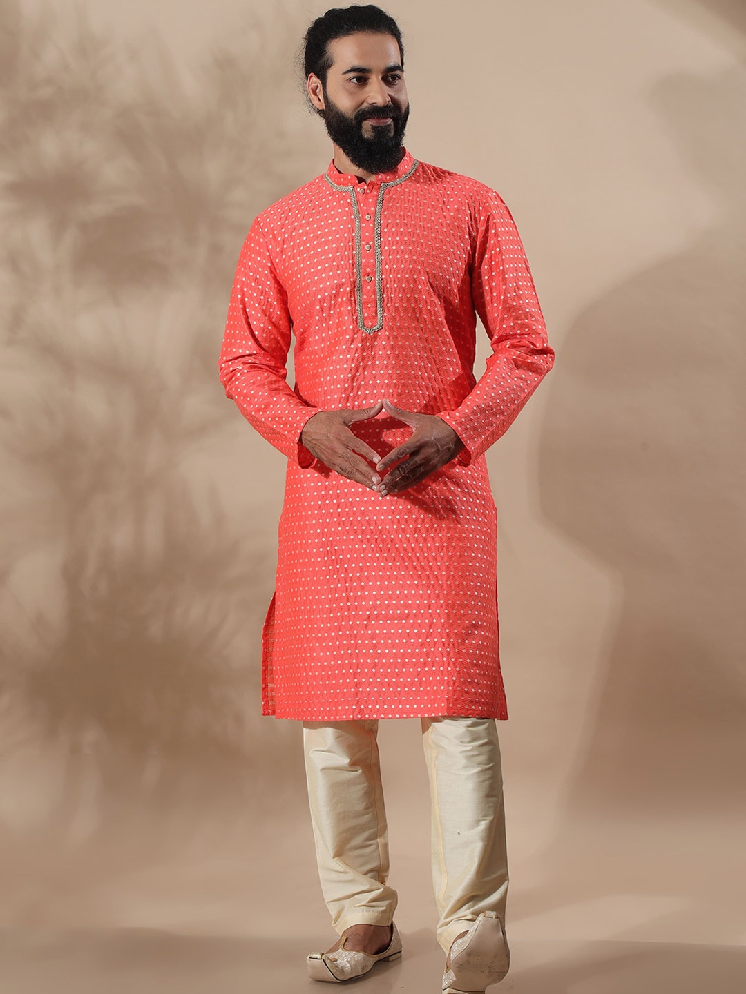 

FILORI Ethnic Motifs Woven Design Zari Jacquard Weave Straight Kurta with Pyjamas, Coral
