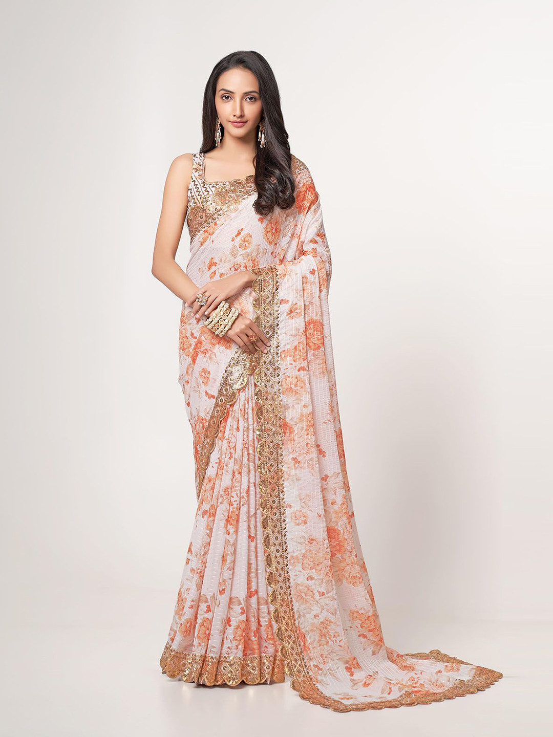

ODETTE Floral Printed Embroidered Saree, White