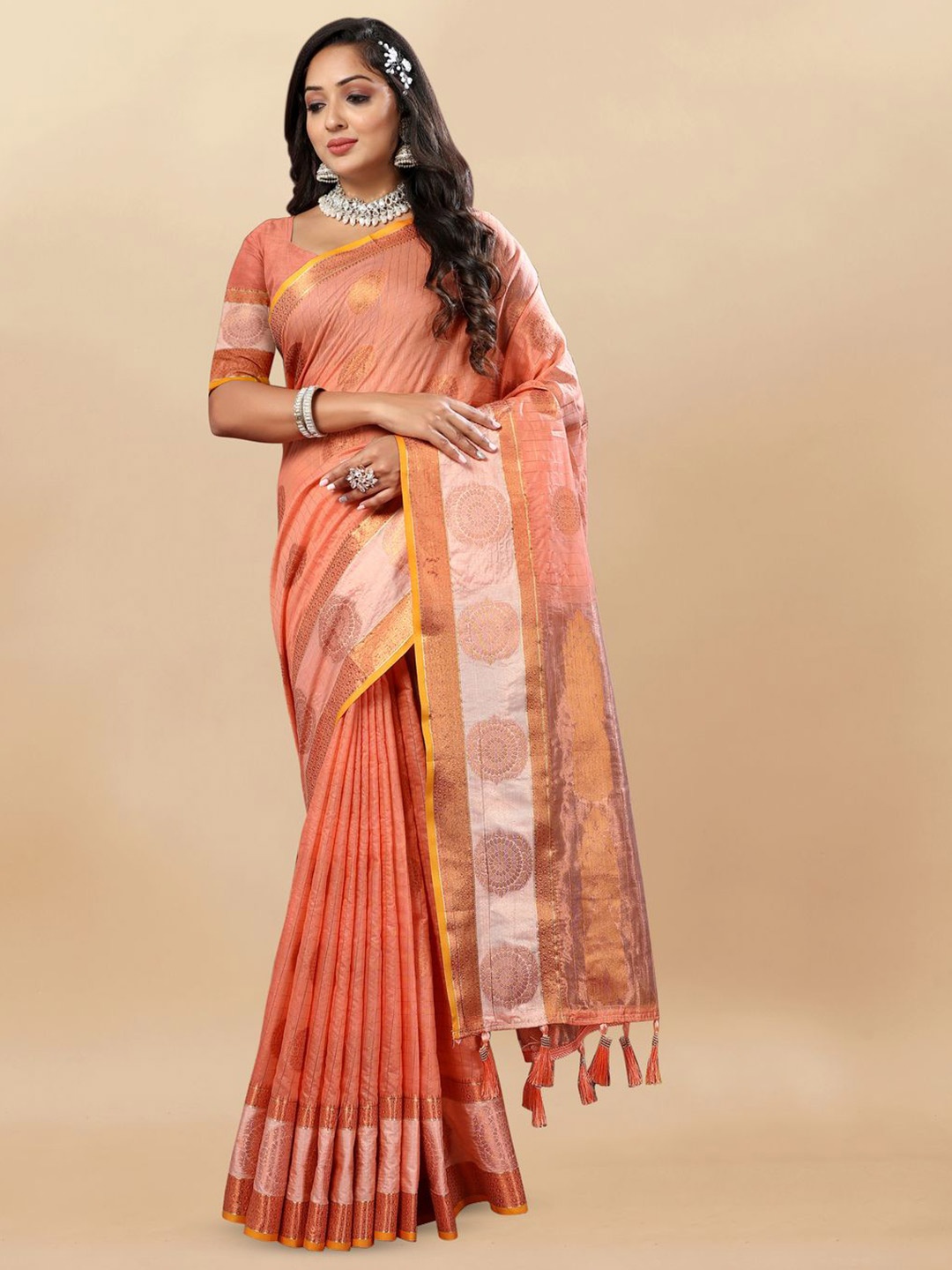 

MOKSHA DESIGNS Woven Design Zari Pure Linen Kanjeevaram Saree, Orange