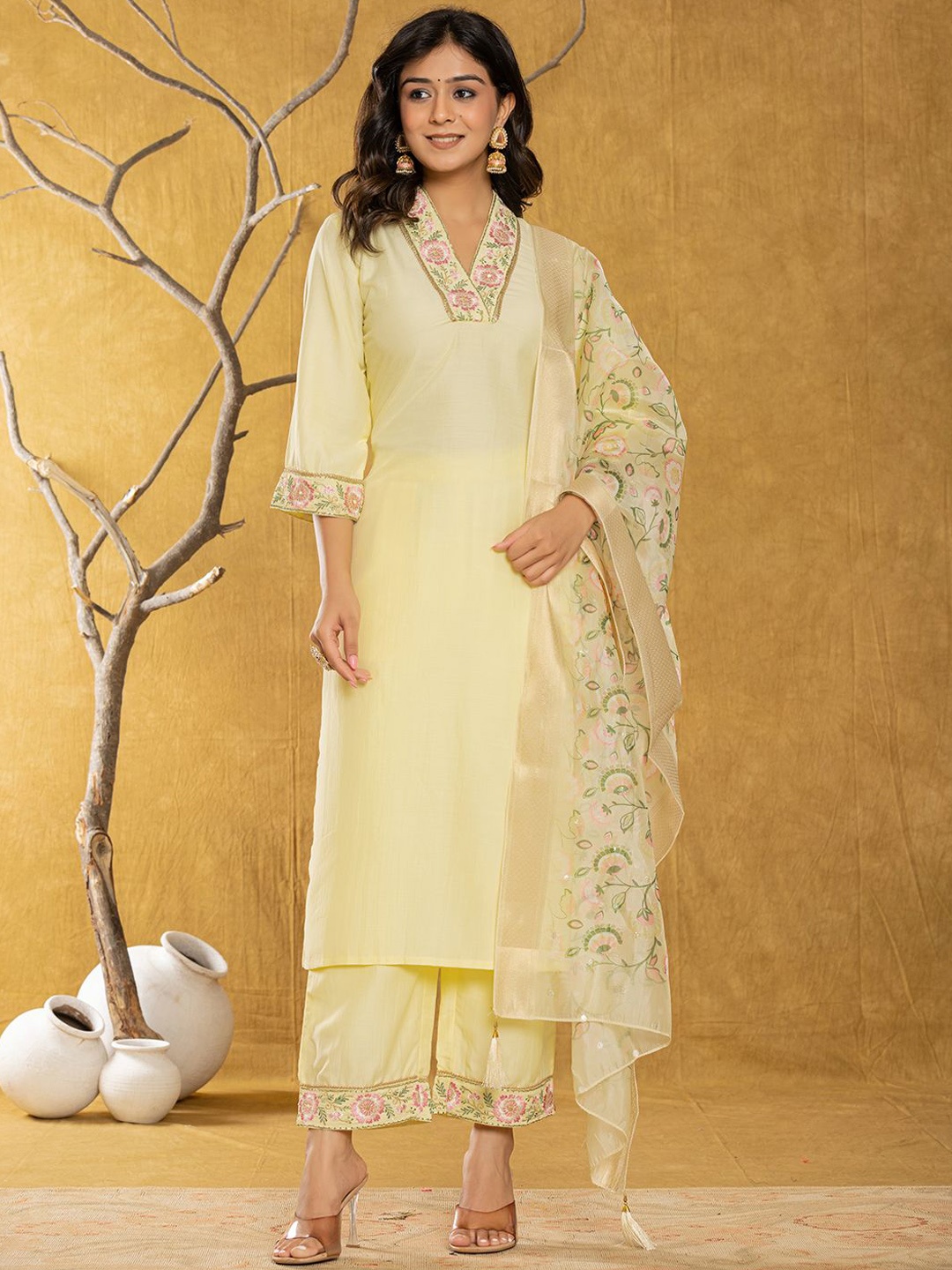 

Yufta Floral Embroidered Straight Kurta With Trousers & Dupatta, Yellow