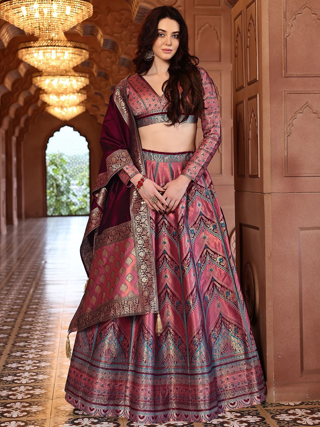 

PURVAJA Ready to Wear Lehenga & Unstitched Blouse With Dupatta, Pink